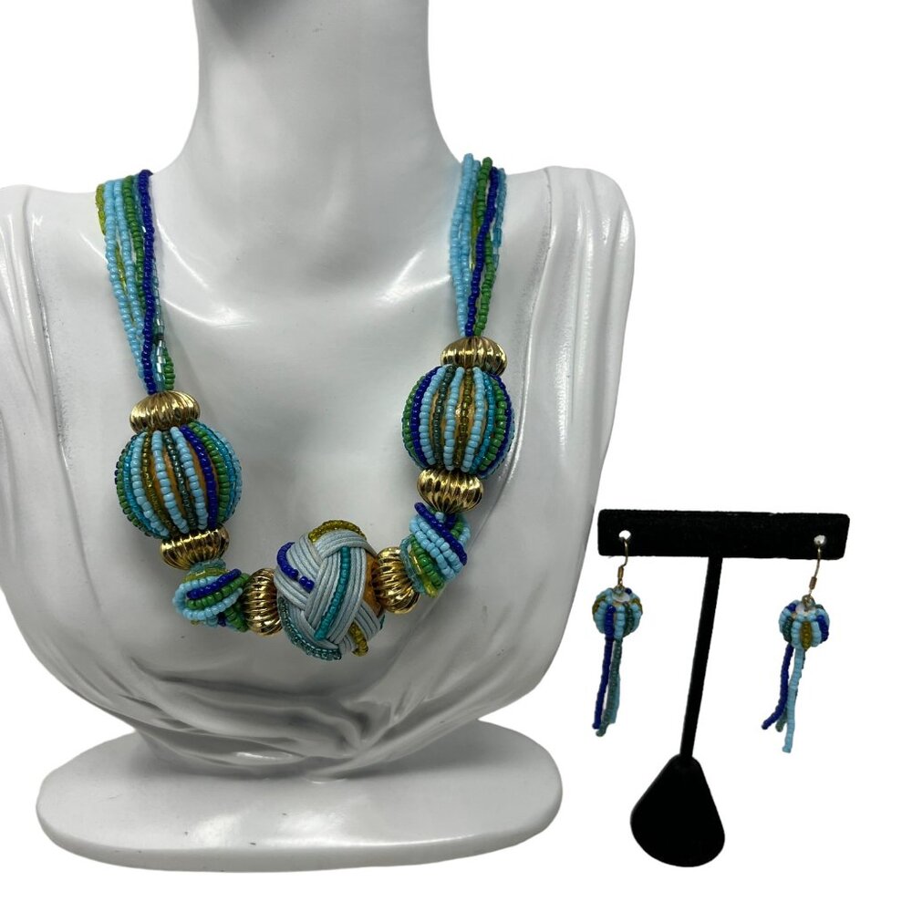 Boho Beaded Necklace Earrings Six Strand‎ Blue Green Seed Beads Gold Tone